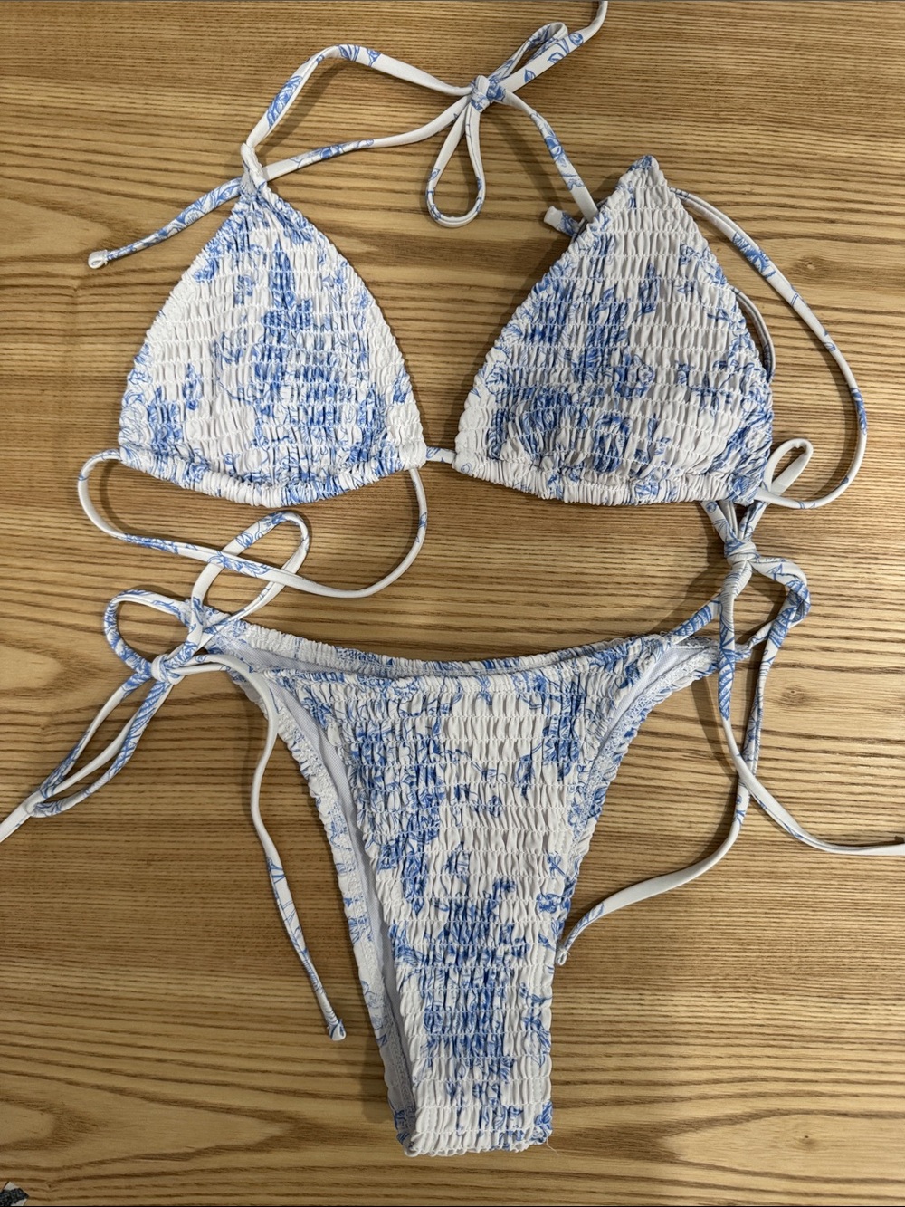 SHEIN White & Blue Smocked Triangle Tie-Side Bikini
